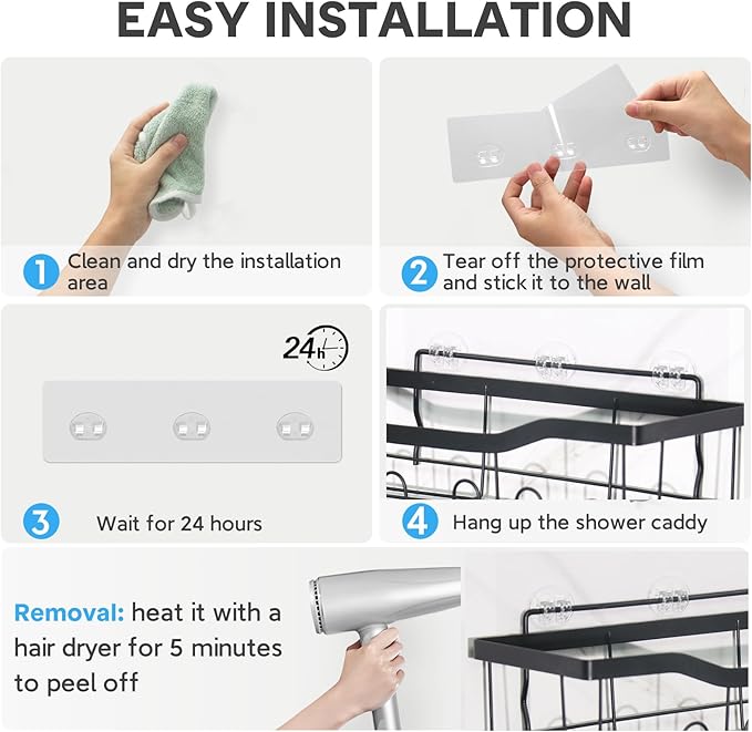 Shower Caddy Adhesive Replacement, Transparent Strong Adhesive Hooks, No Drilling, Waterproof, for Shower Caddy, Bathroom Storage Shelves and Kitchen Racks (Double*4pcs)