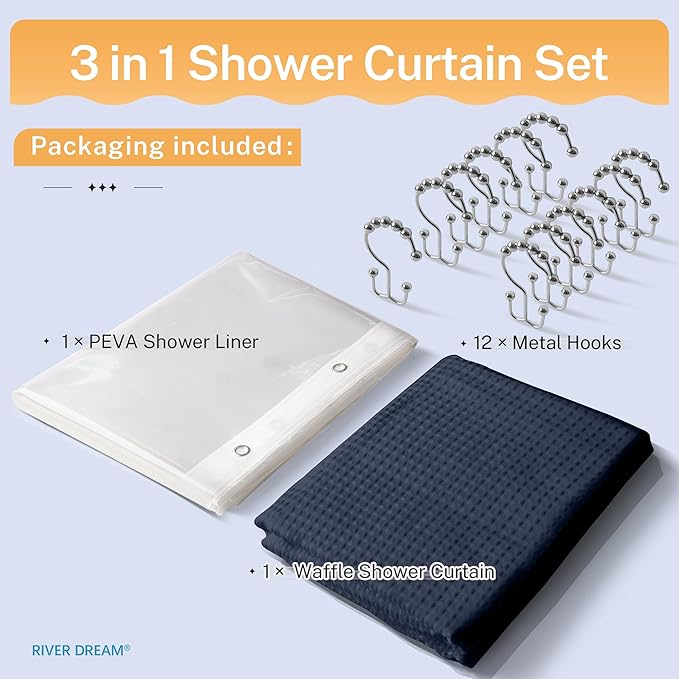 River Dream 3 in 1 Shower Curtain Set, Waffle Fabric Shower Curtain and Waterproof Clear Liner Set with Double Sided Metal Hooks, Navy Blue, 72" W*84" H