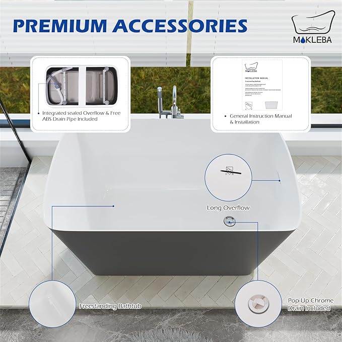 47" Lucite Acrylic Freestanding Bathtub，Square Shape Janpanese Soaking Tub,Toe-tap Chrome Right Drain, Slotted Overflow, cUPC Certified,Glossy 37°Gray
