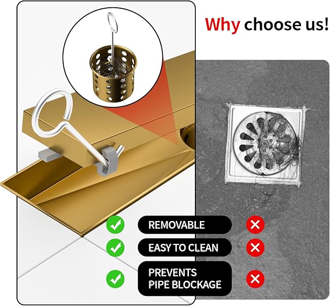 Linear Shower Drain, 304 Stainless Steel with Adjustable Leveling Feet, Hair Strainer,Reversely Install Place to Create an Invisible Floor Drain - Gold -16-Inch