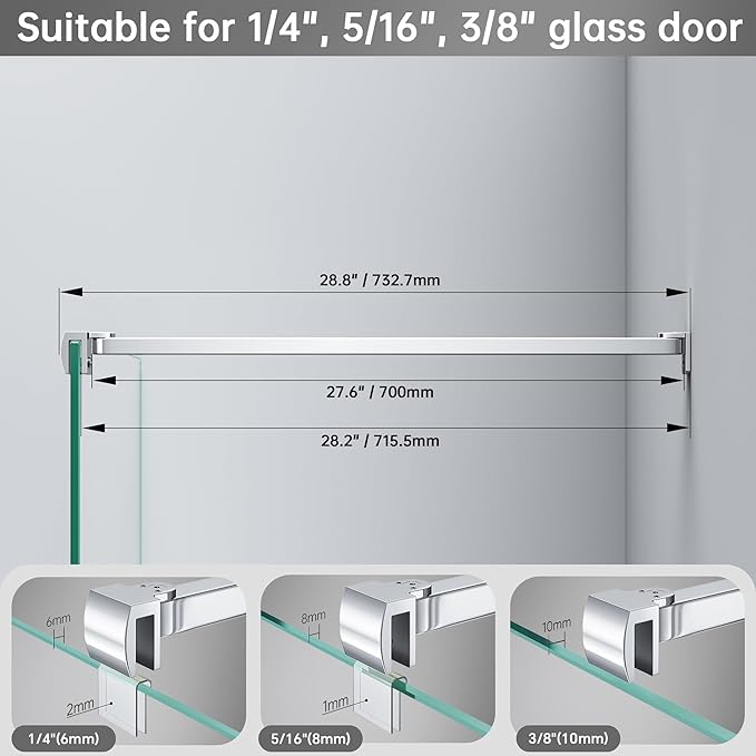 Frameless Shower Door Support Bar, Stainless Steel Wall-to-Glass Support Arm to Fixed Shower Glass Panel, for 1/4"-3/8" (6-10 mm) Door, 180° Pivot & Stow-Flat Mode (Chrome, 27.6-inch(700mm))