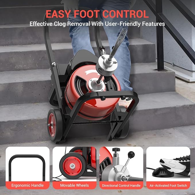 Electric Drain Cleaning Machine 100Ft 1/2 Inch, 450W Auto Feed Portable Sewer Snake, Drain Auger with 6 Cutter and Air-Activated Foot Switch for 2"–4" Pipes