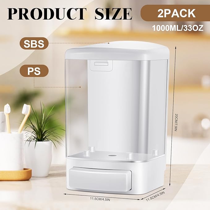 Hushee 2 Pcs Commercial Soap Dispenser Wall Mounted Manual Soap Dispenser Containers Bathroom Plastic Hand Wash Wall Containers for Kitchen Hotel Liquid