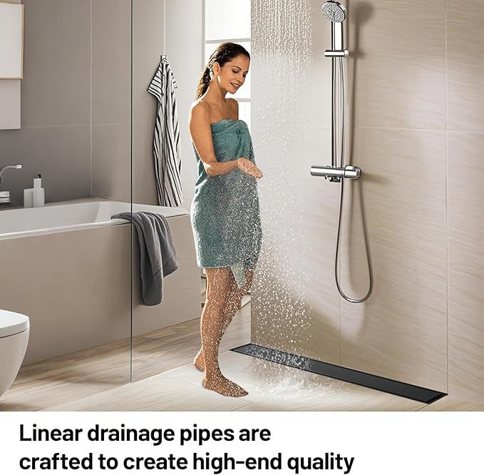 Linear Shower Drain, 304 Stainless Steel with Adjustable Leveling Feet, Hair Strainer,Reversely Install Place to Create an Invisible Floor Drain - Black -18-Inch