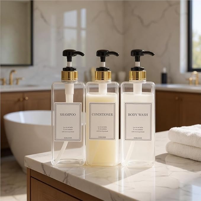 Modern Gold Design Shampoo and Conditioner Dispenser, Large 27oz Shower Soap Dispenser, Set of 3 Refillable Empty Plastic Pump Bottles for Bathroom (6 Waterproof Labels Included), (Clear & Black)