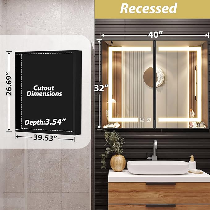 APRILSOUL 40X32 Inch Black Bathroom Medicine Cabinet with Mirror, Recessed or Surface Lighted Medicine Cabinet with 3 Colors Temperature, Dimmable Light