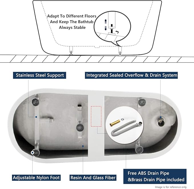 FerdY Langkawi 59" Acrylic Freestanding Bathtub, White Modern Stand Alone Soaking Bathtub, cUPC Certified, Chrome Drain and Minimalist Linear Design Overflow Included, Easy to Install, 02568T