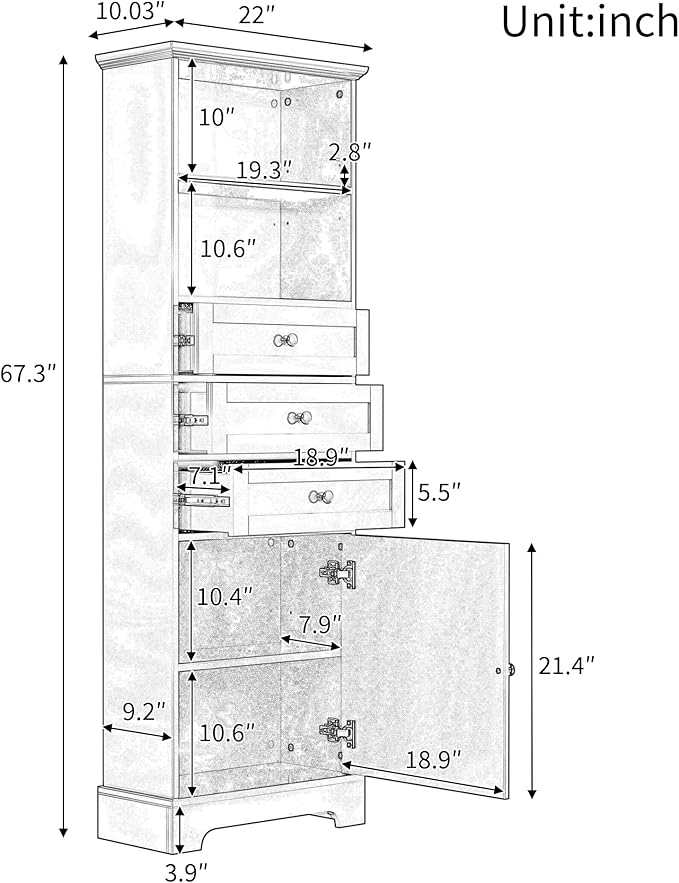Favfurish 67" Tall Bathroom Storage Cabinet with Door and 3 Drawers,Modern Linen Cabinets w/Adjustable Shelf & 2-Tier Open Shelves,Freestanding Organizer for Bath Room,Study,Office,Grey