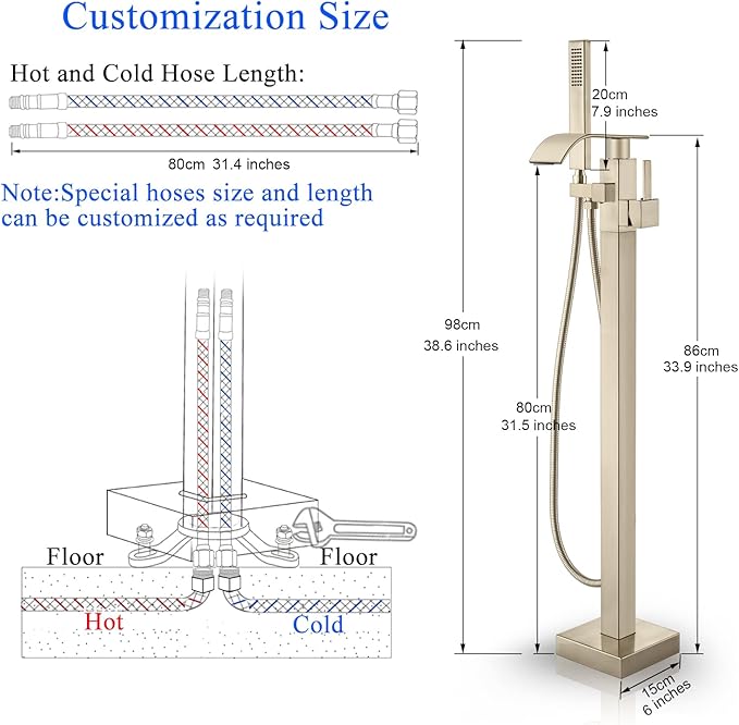 Senlesen Freestanding Bathtub Faucets Floor Mounted Tub Filler Faucet with Handshower Brushed Gold