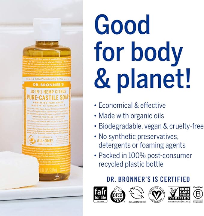 Dr. Bronner's - Pure-Castile Liquid Soap (Citrus, 8 ounce) - Made with Organic Oils, 18-in-1 Uses: Face, Body, Hair, Laundry, Pets and Dishes, Concentrated, Vegan, Non-GMO