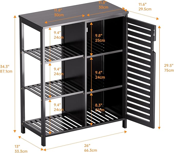 HITNET Black Bathroom Cabinet, Freestanding Storage Cabinet Bamboo Kitchen Floor Cupboard with Door and Shelf, Space Saving Side Storage Organizer for Living Room Bedroom Home Office