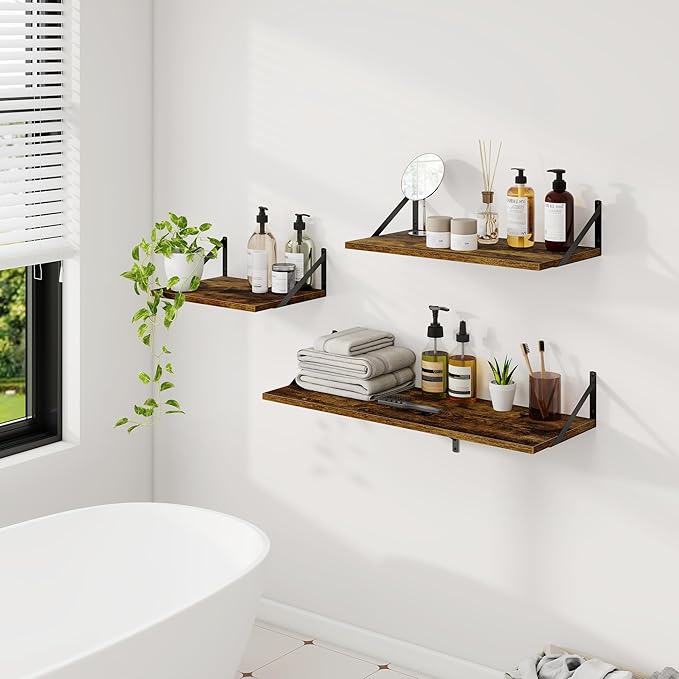 Dreamland Deep Floating Shelves for Wall, Brown Wood Wall Mounted Shelves, Large Floating Shelf 12 * 24 inchSet of 2 for Bookshelf Living Room Bedroom Home Office Bathroom