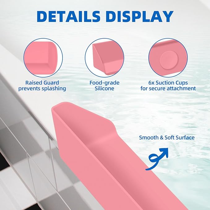 Splash Guard for Bathtub, 3.8" x 3.6" Silicone Bath Tub Splash Guard with 6 Suction Cups, Bathtub SplashGuard Play Shelf Area for Kids with 3°Drainage Slope for Faster Drying - Pink