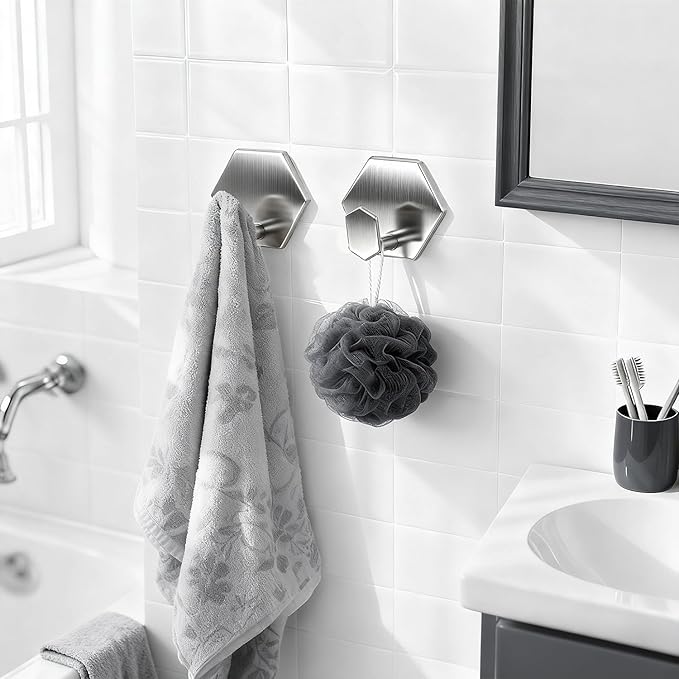 Adhesive Towel Hooks Heavy Duty Wall hooks Waterproof Stainless Steel Shower Rack for Coat, Key, Hat, Robe, Clothes, Picture Hanging Towel Hooks for Bathrooms Kitchen Door (2-Pack, Brushed Silver)