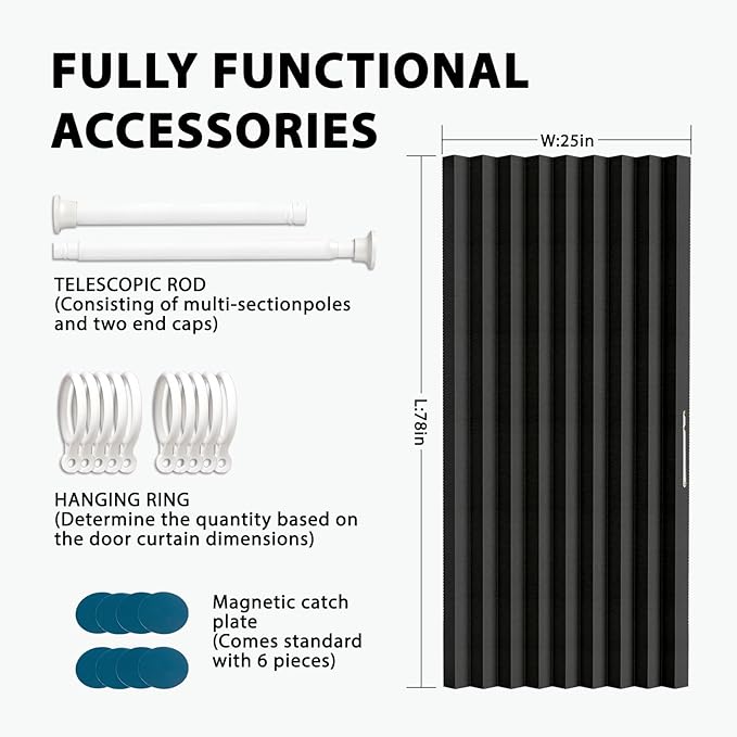 Accordion Door Curtain Set - 100% Blackout, with Curtain Rod Included, for Bedroom Privacy Protection (Black-43 W x 78" L+Rod)