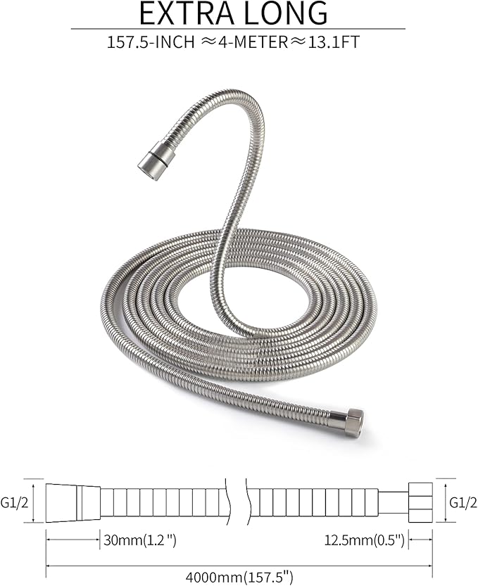 PHASAT Shower Hose,157 Inches Extra Long Shower Hose Replacement,304 Stainless Steel Shower Head Hose Extension Brushed Nickel,A3107N-4.0