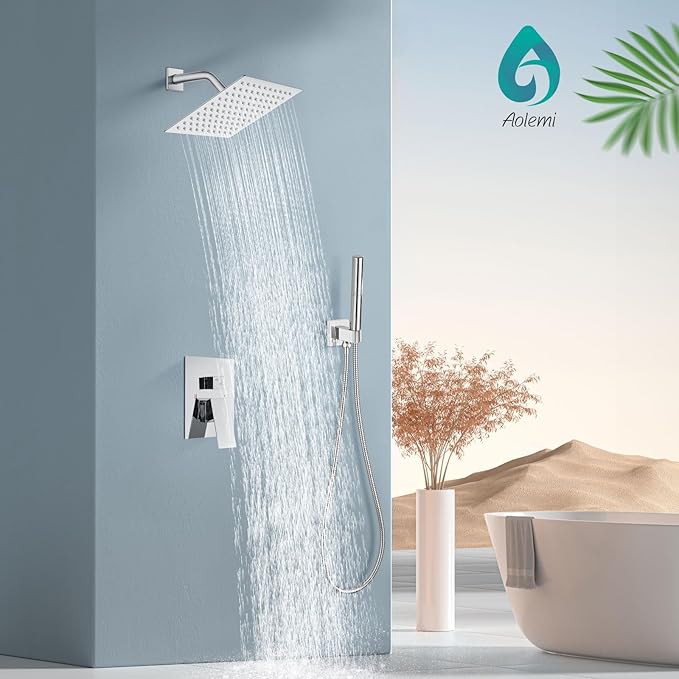 Aolemi Shower Faucet Set, High Pressure Shower System with 2-in-1 Handheld Sprayer, Wall Mount Fixture Combo with Rough-in Valve, 8 Inch Shower Head, Polish Chrome
