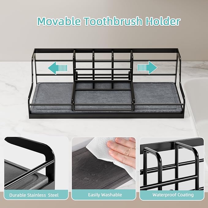 Toothbrush Holders, Bathroom Organizers and Storage with Instant Drying Stone, 6 Slots Bathroom Accessories with Adjustable Toothpaste Holders, Bathroom Counter Organizer, Black