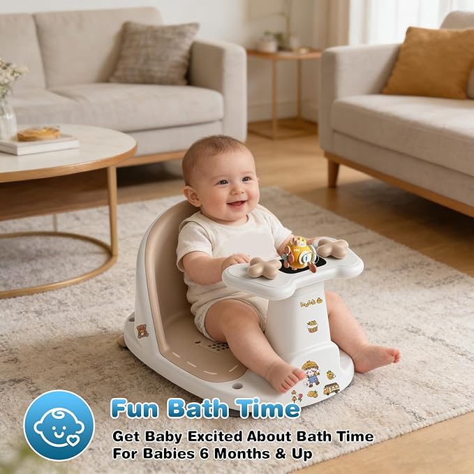 Baby Bath Seat for Babies 6 Months & Up - Bathtub Seats for Babies Sitting Up, Non-Slip,Smart Real-Time Temperature& 4 Suction Cups(Khaki)
