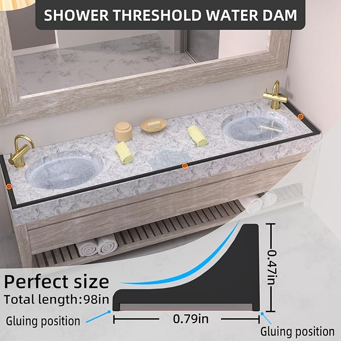 39Inch Collapsible Shower Threshold Water Dam Barrier, Self Adhesive Silicone Waterproof Shower Barrier Water Strip Dam for The Gap Between the Shower Kitchen Countertop Sink and Cooktop