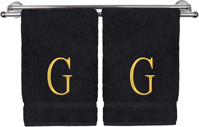 Monogrammed Hand Towel, Personalized Initial Gift, Extra Absorbent 100% Turkish Cotton - Soft Terry Finish - Set of 2 - Gold Block Initial G - Embroidered on Black Towels