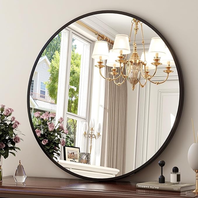 30 Inch Round Mirror - Circle Mirrors for Bathroom, Entryway and Living Room Wall Decor, Modern Hanging Vanity Mirror, Matte Black Circle Decorative Wall Mirror