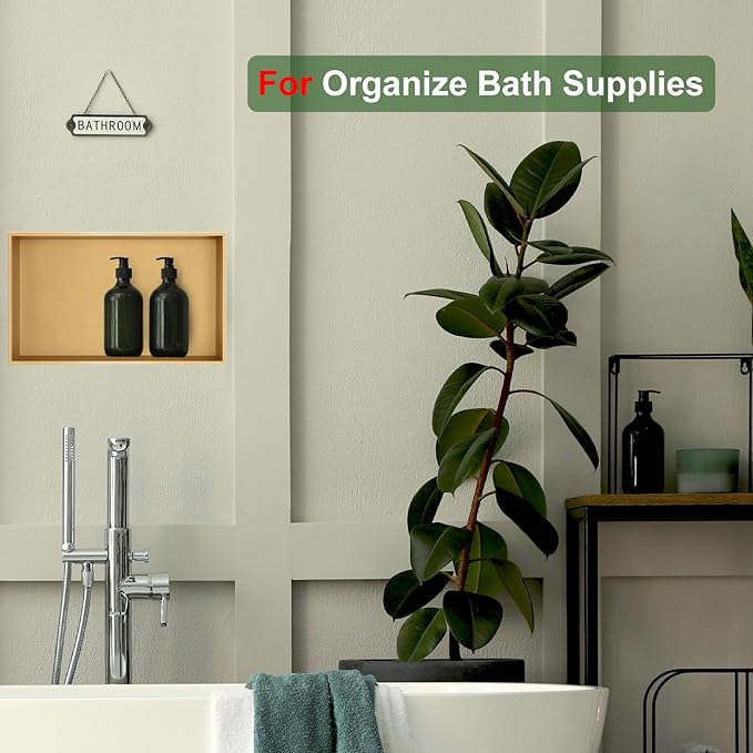 Shower Niche,16 * 28 Stainless Steel Elegant Bathroom Niche, No Tile Needed Recessed Shower Shelf Organizer for Storage Gold