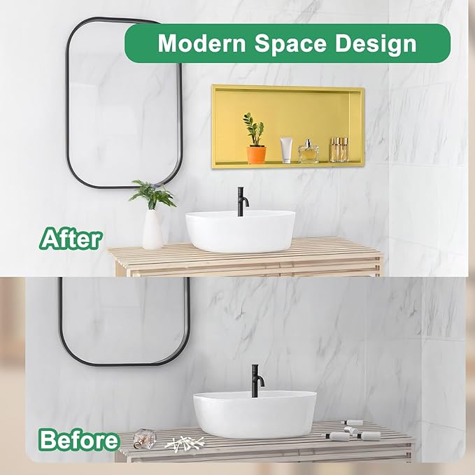 SaniteModar Shower Niche, Stainless Steel Shower Niche 12" X 24" No Tile Needed, Recessed for Bathroom Storage, Brushed Gold (Brushed Gold, 12x24)