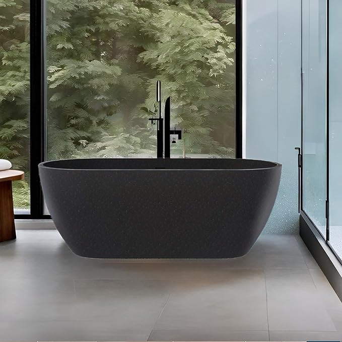 Stone Resin Freestanding Bathtub 63", Terrazzo Bathtub Soaking Tub, Solid Surface Stand Alone Bathtub with Drain & Integrated Slotted Overflow Matte Black AMFS-MY007-BK