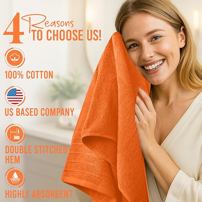 DAN River Extra Large Bath Towels Set of 4, 30 x 60 Inches - 100% Cotton Larger & Lighter Weight Towels for Bathroom - Quicker to Dry, Super Soft & Highly Absorbent Towels for Home, Orange