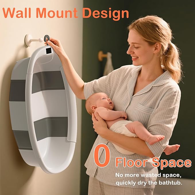 Collapsible Baby Bathtub - Large Baby Bath Tub with Thermometer & Cushion | Travel Portable Newborn Infant Bathtub | Foldable Toddler Bathtub for Baby 0 to 36 Months (Grey)