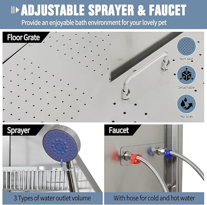 50" Professional Dog Wash Station, Stainless Steel Dog Grooming Tub for Large, Medium & Small Pets - with Anti-Slip Stairs, Drain & Door, Silver