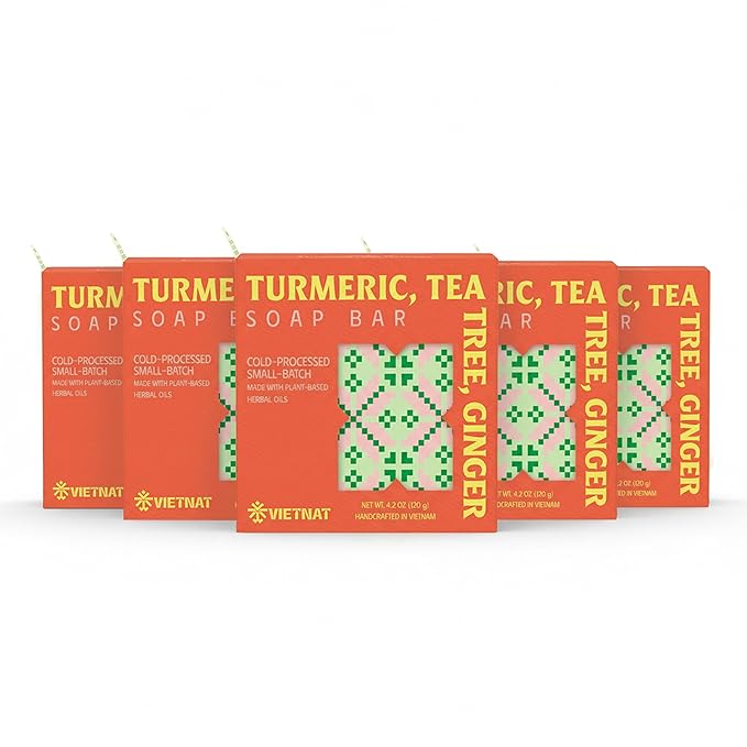 Turmeric, Tea Tree & Ginger Soap Bar (Pack of 5) – Cold Process Handmade Bar, 2-in-1 Cleansing & Invigorating Body Soap with Vietnamese Botanicals