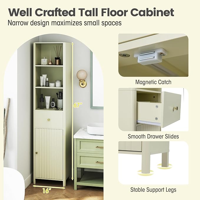 Tangkula 67" Tall Bathroom Cabinet, Narrow Floor Cabinet w/Fluted Door, 3 Open Shelves & 1 Drawer, Freestanding Storage Organizer w/Adjustable Shelf & Anti-tip Kit for Kitchen, Living Room (Beige)
