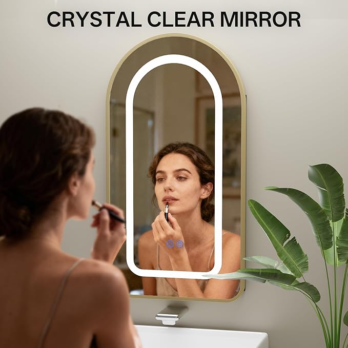 LED Arched Bathroom Medicine Cabinet with Mirror, No Assembly Needed, Recessed or Surface Mount Wall Storage Cabinet, Mirror Cabinet with Tissue Slot (Gold-LED, 29.5" L x 15.7" W)