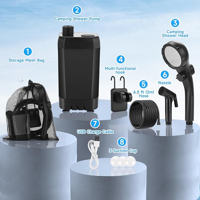 Portable Shower for Camping, Rechargeable Camping Shower Pump with LED Display of Battery Level and Temperature