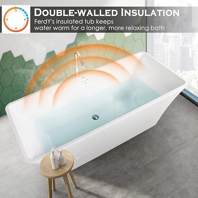FerdY Sentosa 67" Acrylic Freestanding Bathtub, Contemporary Design Soaking Tub Easy to Install with Brushed Nickel Drain and Minimalist Linear Design Overflow, 02560