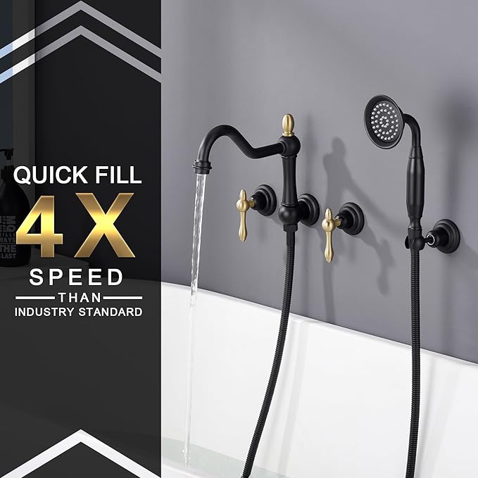 SUMERAIN High Flow Wall Mount Tub Filler, Vintage Bathtub Faucet with Sprayer and Rough-in Valve, Black and Gold Finish