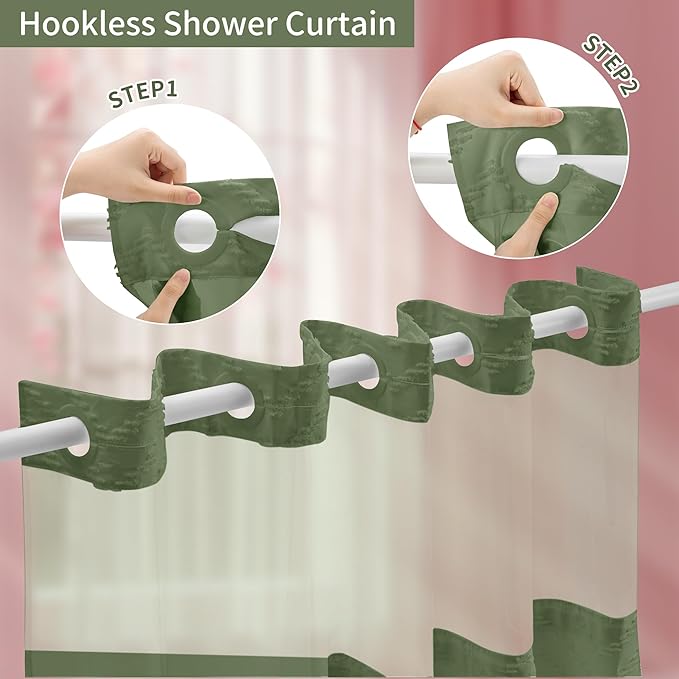 Hookless Shower Curtain with Snap in Liner 71" x 74" Double-Layer Waterproof Polyester Shower Curtain for Bathroom or Hotel Use,Removable Liner,Magnetic Hem,Large Rings,Machine Washable,Sage Green