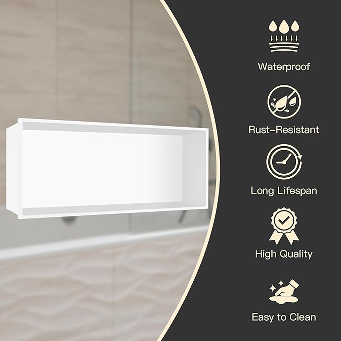 12" X 24" Stainless Steel Shower Niche Insert Tile Ready, Niche for Shower Wall, Recessed Shelf No Tile Needed for Bathroom Storage, White
