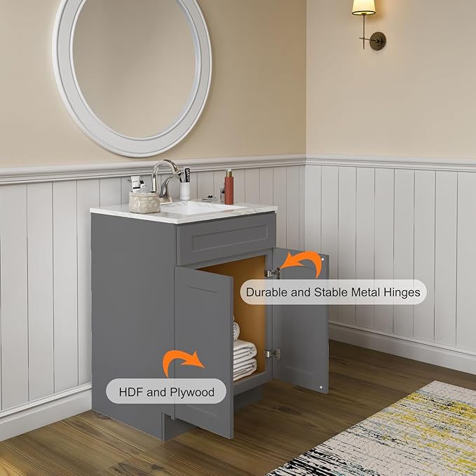 ROOMTEC Bathroom Cabinet, 27'' Free Standing Single Bathroom Vanity with 1 False Drawer and 2 Doors,Morden Bathroom Sink Vanity Storage Cabinet, Shaker Gray