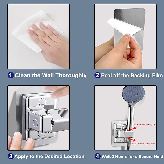 360° Adjustable Shower Head Holder, Handheld Shower Head Holder with Strong Adhesive, Waterproof, No Drill Wall Mount with Adhesive Hooks for Bathrooms, Heavy Duty Hooks for Walls