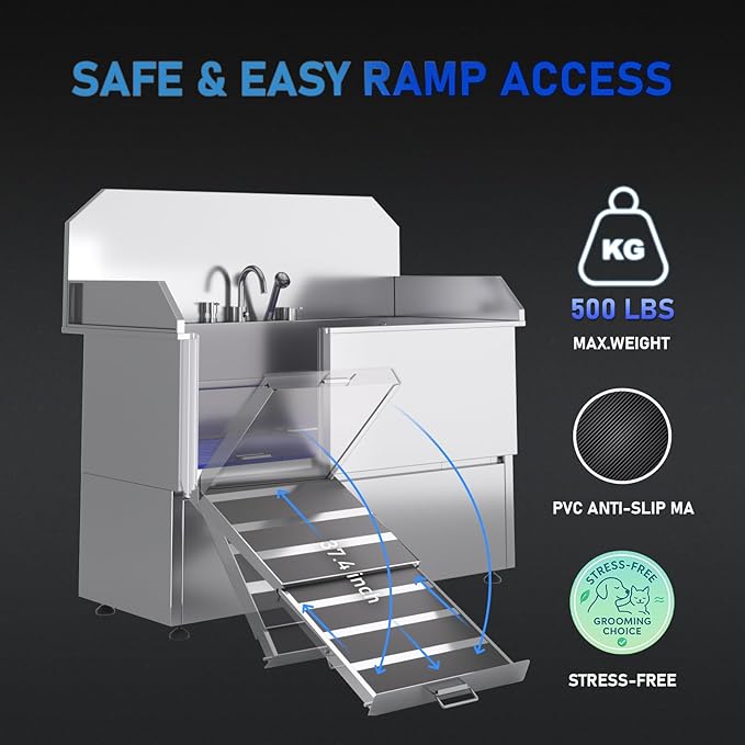 Dog Washing Station – 61 inch Professional 304 Stainless Steel Grooming Tub w/Ramp, Drawer, Faucet & Floor Grate, Dog Bathing Station for Large, Medium & Small Pets, 19" Leak-Proof Deep Soak