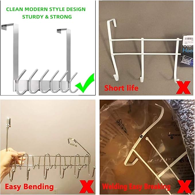 DOKU Over The Door Hooks, Stainless Steel Heavy Duty Over Door Hanger Holder for Coat Robe Hat Clothe Towels Hanging, Bathroom Organizer Towel Rack 12 Hooks, Brushed Nickel