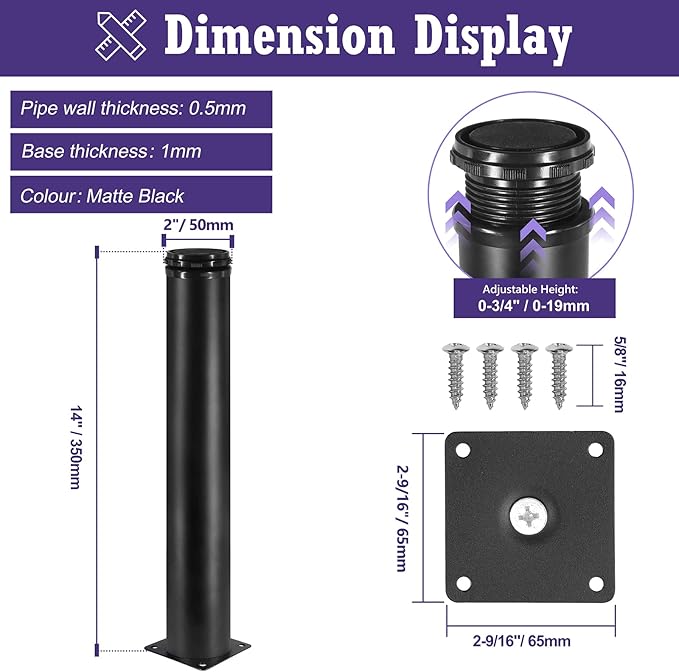 14 Inch Metal Furniture Legs Stainless Steel Adjustable Legs Black Metal Legs Round Cabinet Legs for Coffee Table Cabinet Desk Sofa Shelves, Pack of 4