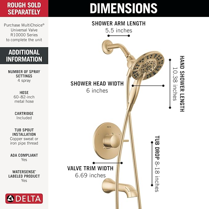 Delta Faucet Albion 14 Series Single-Handle Tub and Shower Faucet Set, Gold Shower Trim Kit with 4-Setting In2ition 2-in-1 Dual Shower Head, Champagne Bronze T144855-CZ-I (Valve Not Included)