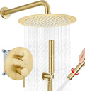 Airuida Shower Fixtures 2 Functions Shower Faucet Set Wall Mounted for Bathroom High Pressure Brass Handheld Shower with Rough-in Valve Round Rainfall 10 Inch Shower Head Brushed Gold