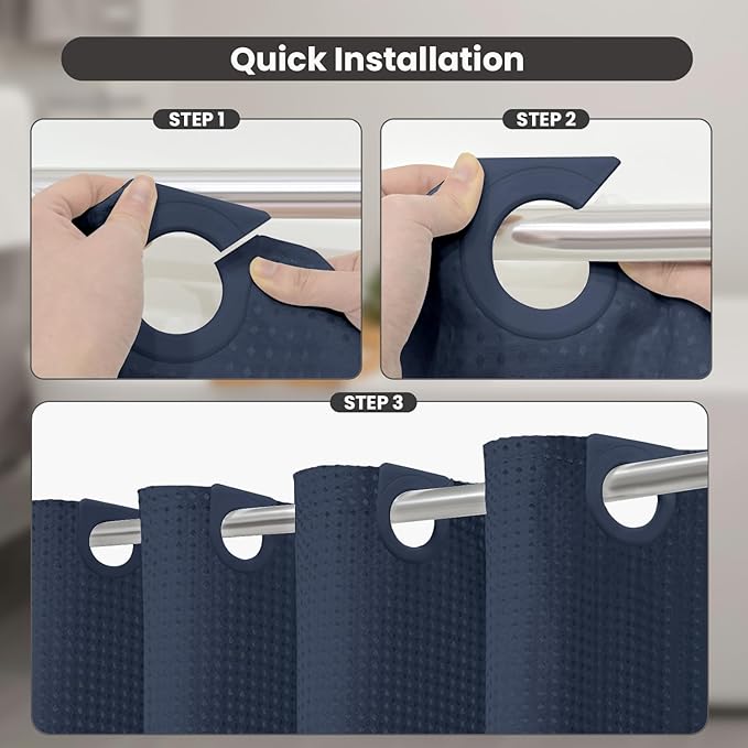 Inhousolu No Hook Waffle Weave Shower Curtain with Removable Snap in Fabric Liner Set for Bathroom, 230 GSM Heavy Duty Weighted Hem, Water Repellent Washable Bath Curtains, 72 x 72 Inch, Navy Blue