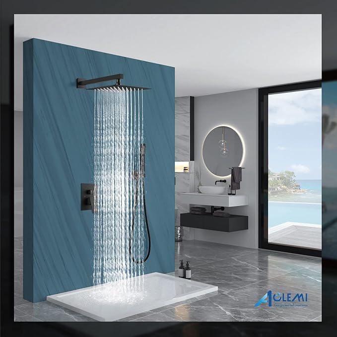 Aolemi Shower Faucet Set Rain Shower System with Handheld Spray Bathroom Shower Combo Rough-in Valve and Shower Trim Kit Included Matte Black 12 Inch Wall Mount Shower Head