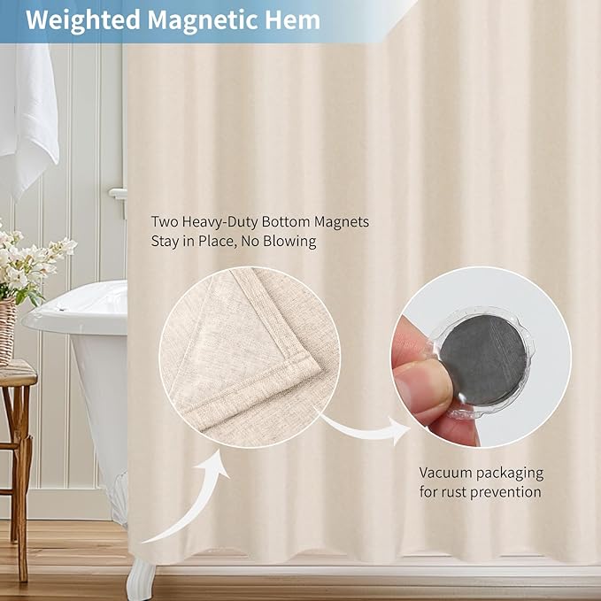 2-in-1 Waterproof Extra Long Fabric Shower Curtain or Liner,Linen Textured,96 Inch Breathable TPU & Washable Bathroom Shower Curtain Set with 12 Plastic Hooks,Modern,72"x96" Cream